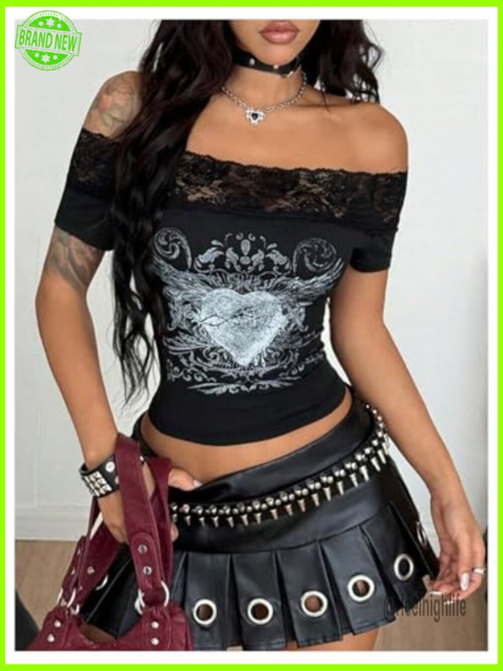 Off Shoulder Short Sleeve Crop Tee with Contrast Lace - Picture 6 of 7